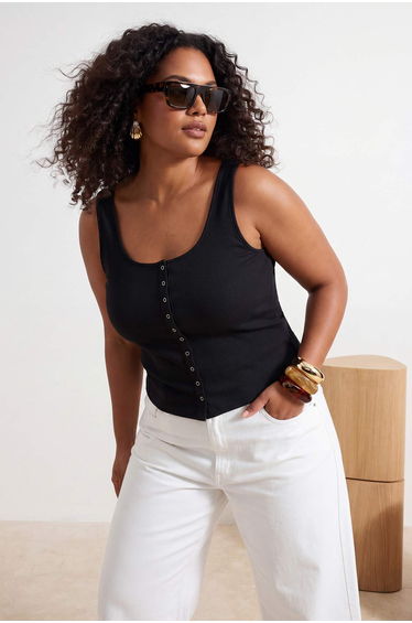 Black Snap Detail Square Collar Knitted Plus Size Basic Undershirt