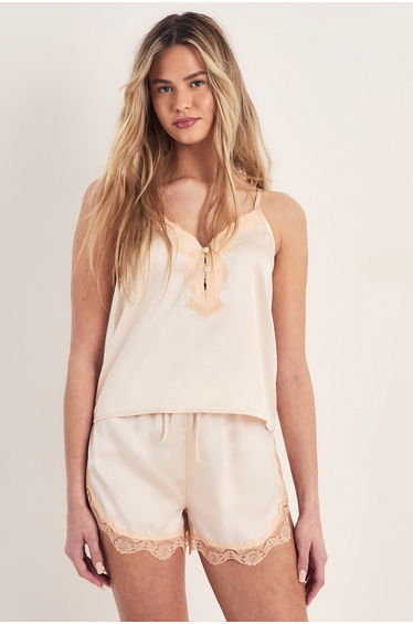 Satin Lace Detail Cami And Shorts Pajama Set