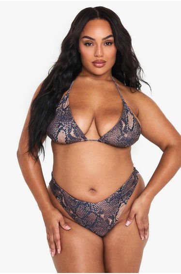 Plus Snake Print V Shape High Waisted Bikini Bottoms - snake