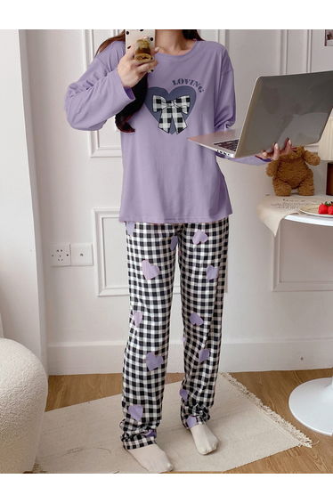 Purple Heart Long Sleeve T-Shirt and Checked Pyjama Set