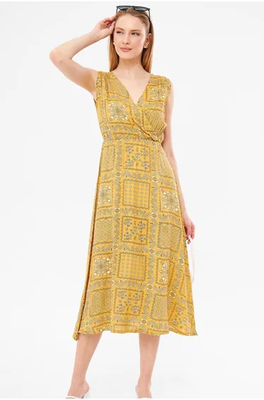 Women's Mustard Patterned Waist and Shoulder Elastic Double Breasted Collar Midi Skirt Dress