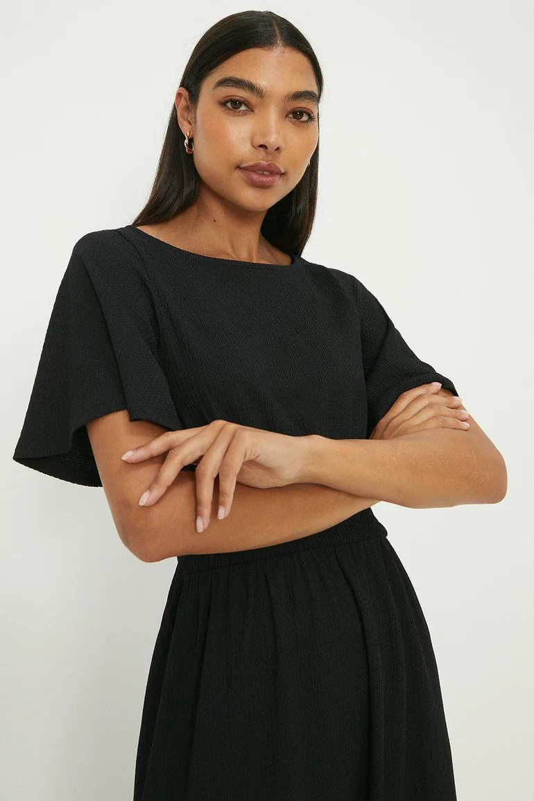 Black Shirred Waist Short Sleeve Midi Dress - 1