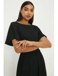 Black Shirred Waist Short Sleeve Midi Dress - 1