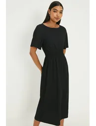 Black Shirred Waist Short Sleeve Midi Dress - 3