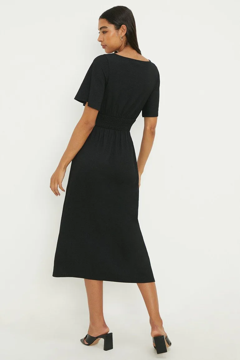 Black Shirred Waist Short Sleeve Midi Dress - 2