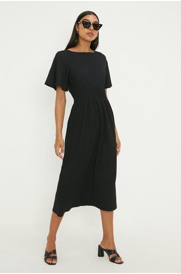 Black Shirred Waist Short Sleeve Midi Dress
