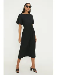 Black Shirred Waist Short Sleeve Midi Dress