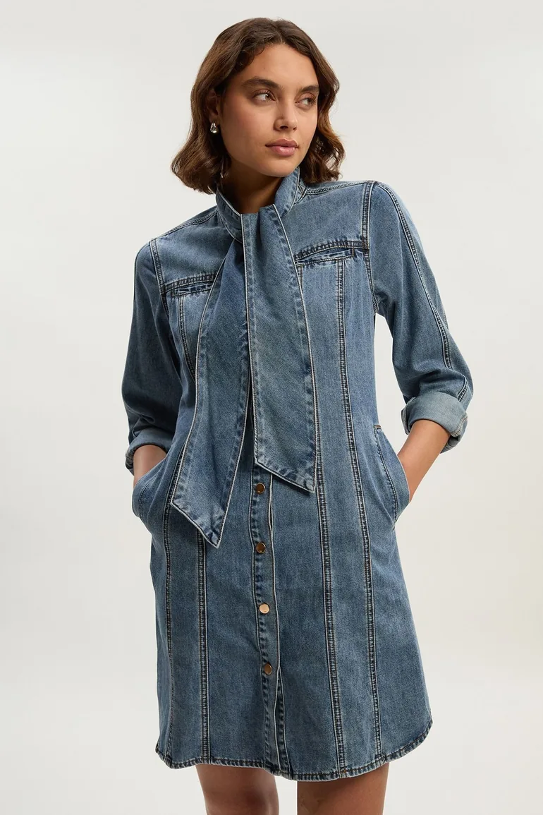 karen millen denim shirt dress Mid Wash Petite Denim Long Sleeve Midi Shirt Dress