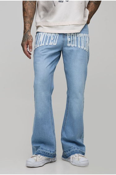 Tall Raw Hem Applique Gusset Flared Jeans - light wash