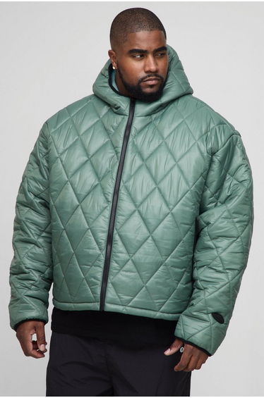 Plus Oversized Boxy High Shine Quilted Hooded Funnel Puffer Jacket - khaki