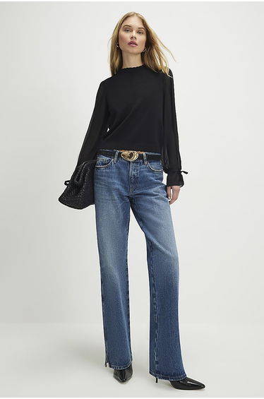 Black Knitted Long Chiffon Sleeve Top
