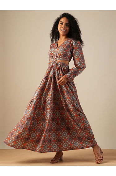 Women All-Over Print V Neck Tiered Maxi Dress with Cut Out Detail