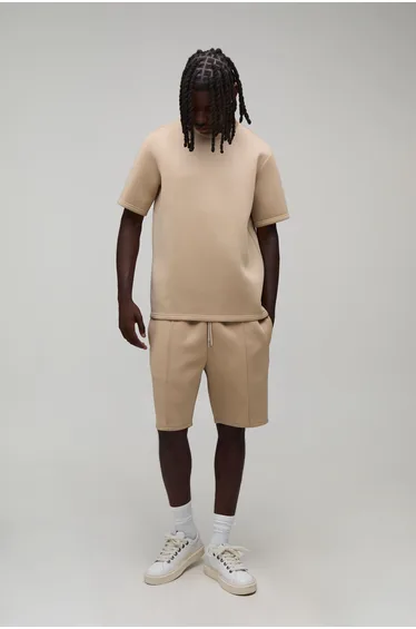 Monaco Embroidered Regular Fit Bonded Scuba T-Shirt & Slim Pintuck Short Set - taupe