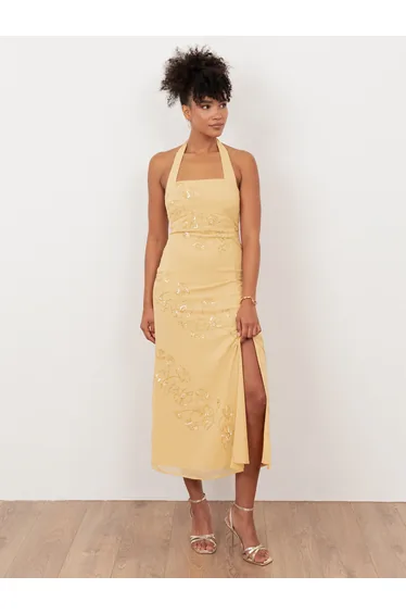 Maya Buttercream Floral Motif Halter Neck Midaxi Dress