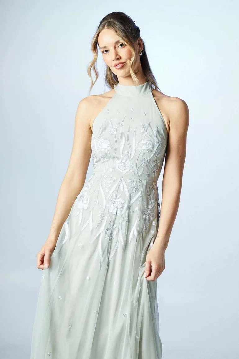 slim fit dress slacks Yellow Embroidered Halter Maxi Dress