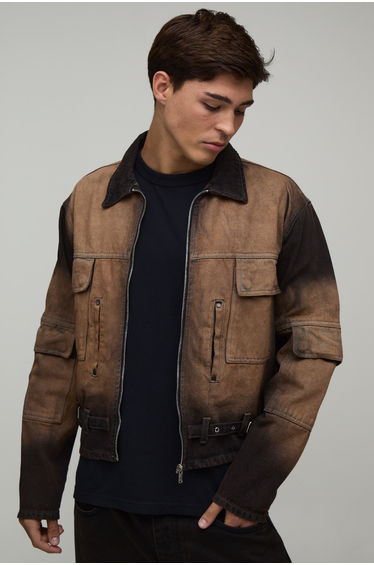 Relaxed Cropped Washed Denim Jacket - brown