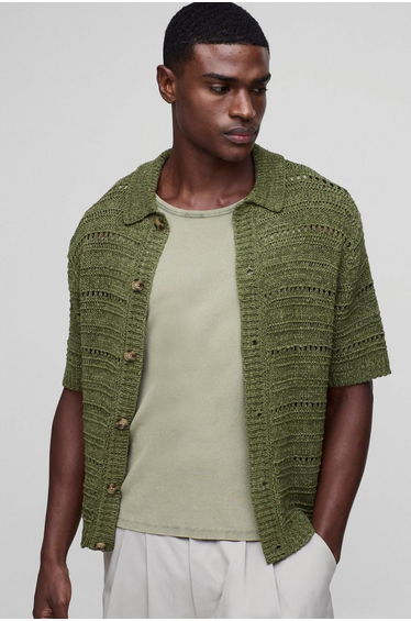 Oversized Boxy Crochet Look Tape Yarn Knitted Shirt