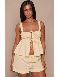 Petite Buttercream Open Tie Front Frill Linen Cami Top Co-ord - 3