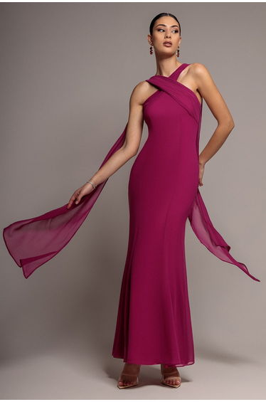 Cross Front Scarf Back Chiffon Mermaid Maxi Dress - Magenta by Goddiva