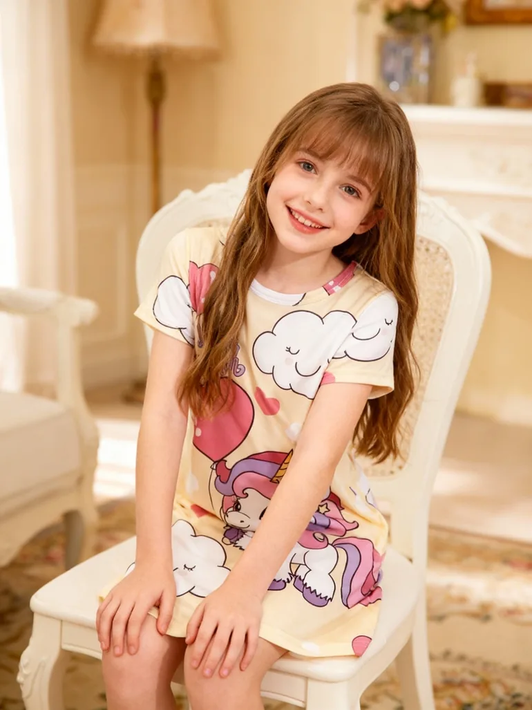 Girls Yellow Unicorn Graphic Print Nightdress