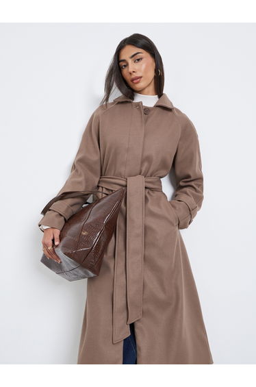Brown Wool Look Belted Midi Coat