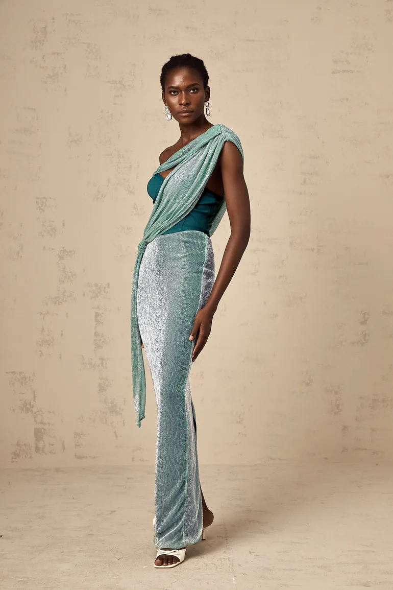 Delphine green ribbon-design corset maxi dress - 2