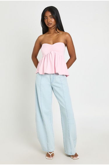 Ruched Bust Peplum Bandeau Top - baby pink