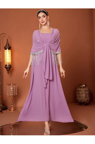 Tassel Drop Cape Sleeve with Tie-Up Maxi Dress