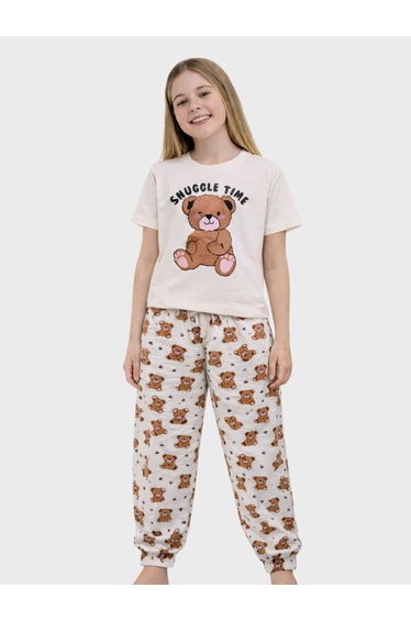 Girls Teddy Print T-Shirt and Cuffed Pyjama Set