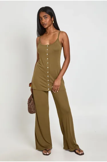 Long Line Cami With Pearlised Buttons - khaki