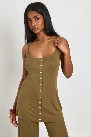 Long Line Cami With Pearlised Buttons - khaki