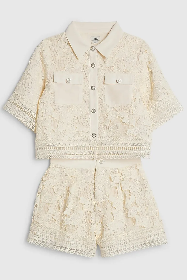 Girls Cream Lace Blouse And Shorts Set