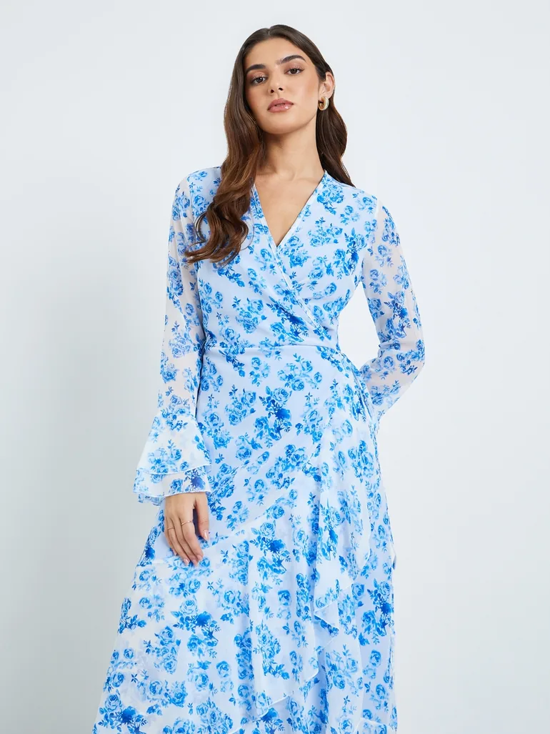 Women Blue Floral Print Chiffon Maxi Dress - 1