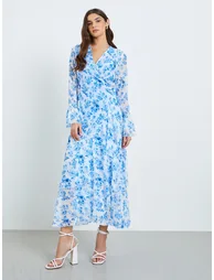 Women Blue Floral Print Chiffon Maxi Dress - 2