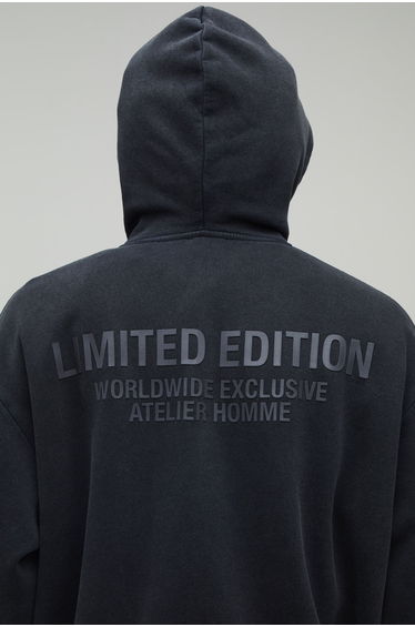 Oversized Boxy Limited Edition Washed Raised Text Zip Through Hoodie - washed black product thumbnail 3