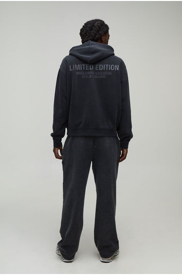 Oversized Boxy Limited Edition Washed Raised Text Zip Through Hoodie - washed black product thumbnail 2