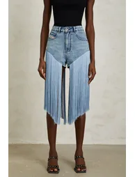 Martina Blue Fringed Panel Denim Shorts