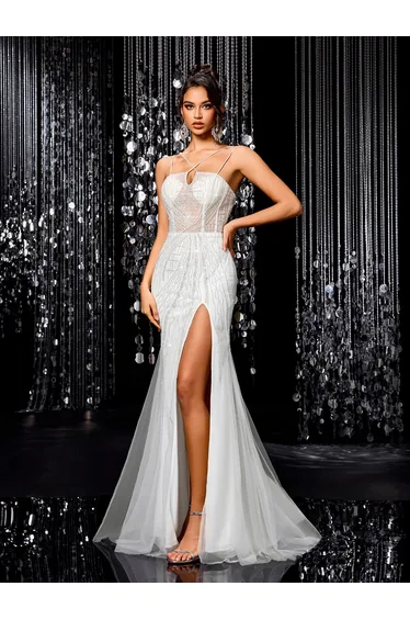 Modecrush High slit sexy beaded wedding Dress