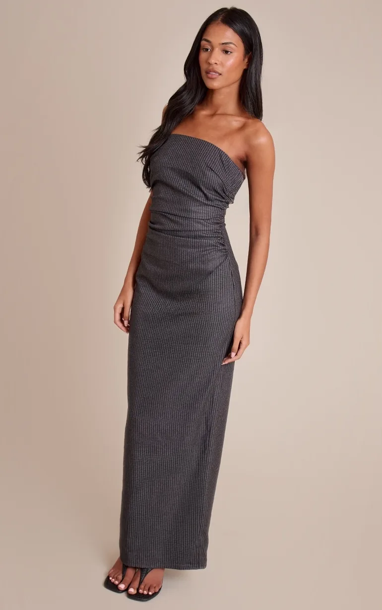 Tall Charcoal Pinstripe Bandeau Ruched Detail Maxi Dress - 2