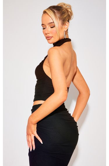 Black Soft Touch Ruched Halterneck Crop Top product thumbnail 2