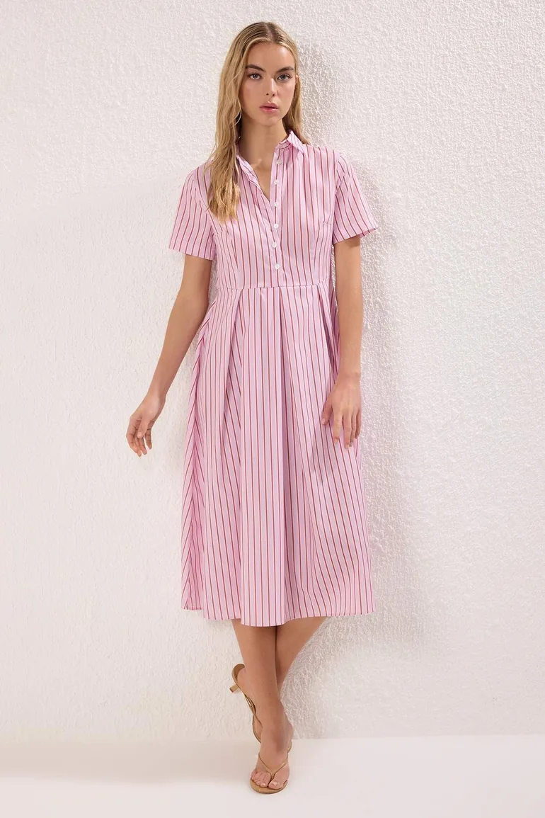 Pink Striped Skirt Waist Open Half Placket Midi Woven Dress