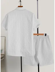 Men White Textured Short Sleeve Button Front Shirt and Shorts Co-Ords - 1
