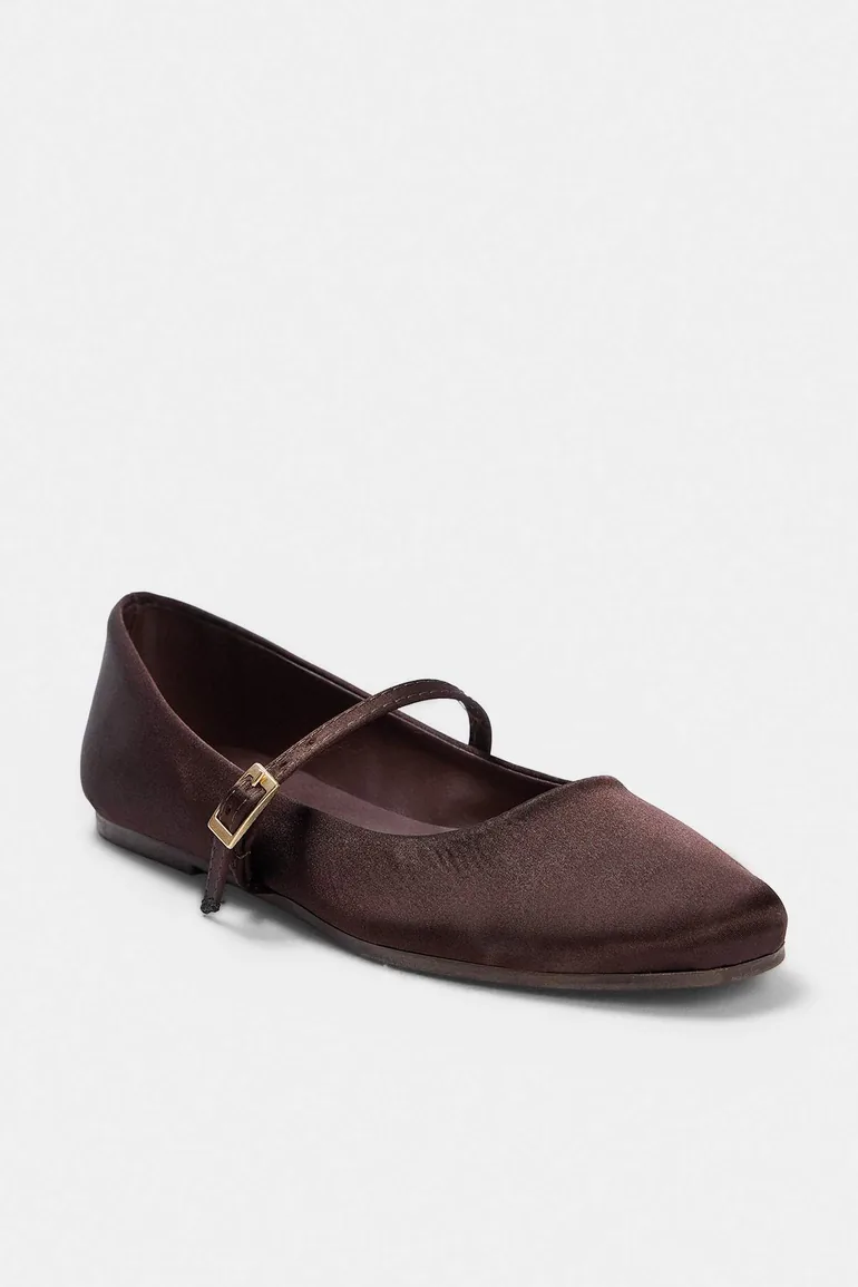 Brown Satin Mary Jane Strappy Round Toe Women's Ballerinas - 3