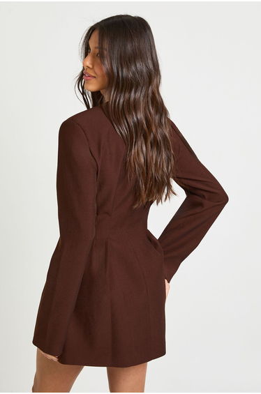 Long Sleeve Collarless Tailored Mini Dress - chocolate product thumbnail 2