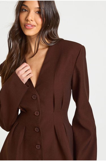 Long Sleeve Collarless Tailored Mini Dress - chocolate product thumbnail 4