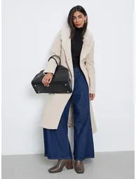 Cream Wool Like Belted Coat with Faux Fur
