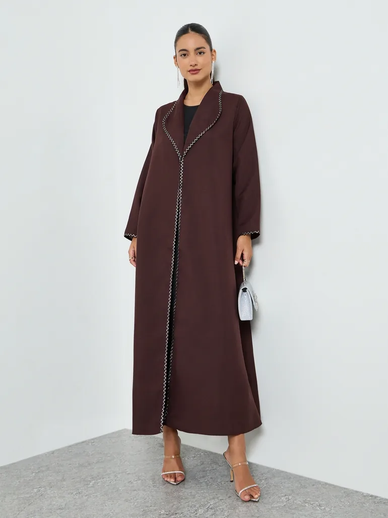 Brown Embroidered Trim A-Line Abaya