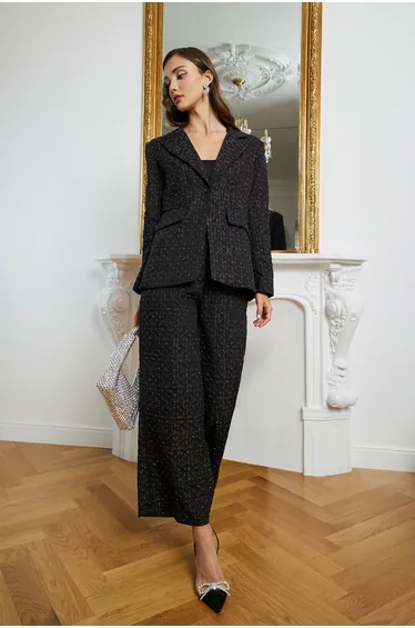 Women Black Jacquard Wide Leg Trousers