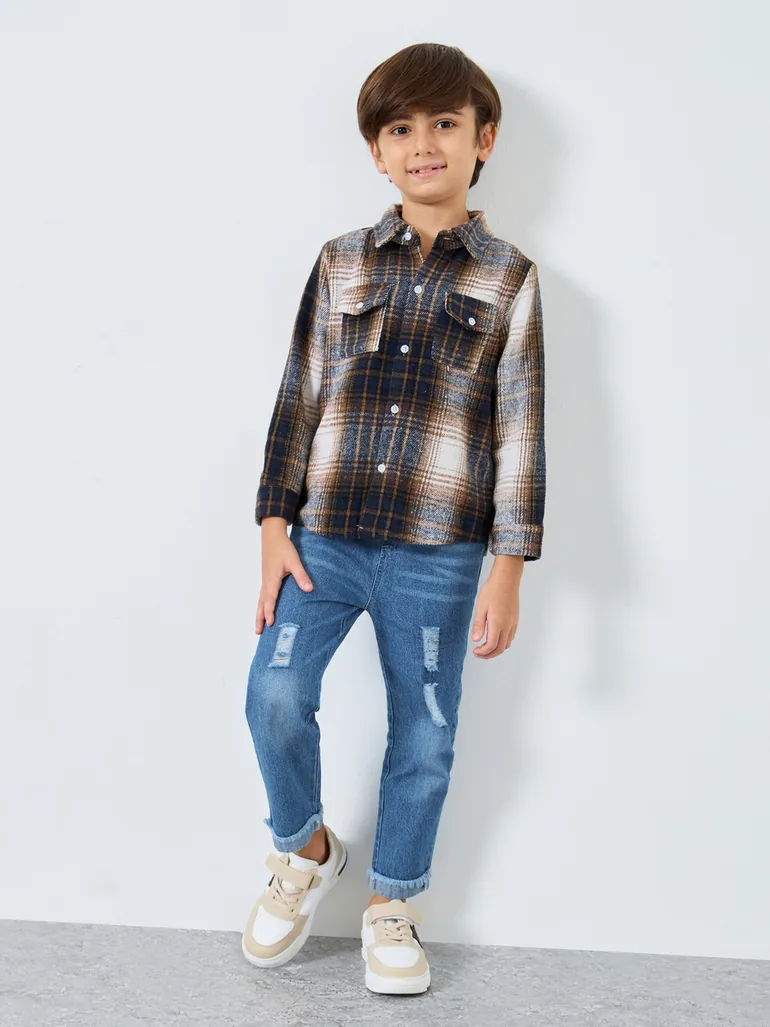 Blue Distressed Straight Fit Jeans with Elasticated Wasitband