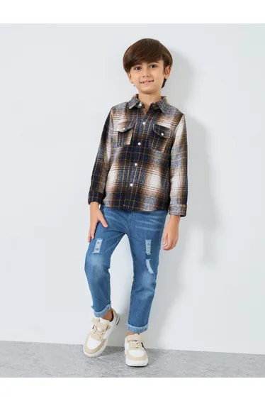 Blue Distressed Straight Fit Jeans with Elasticated Wasitband